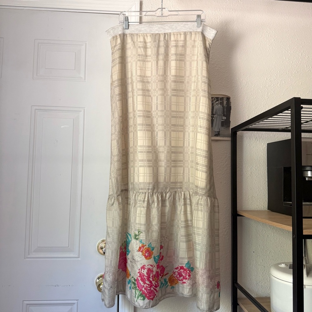 NWT JOHNNY WAS silk cream grey plaid floral pull on maxi skirt